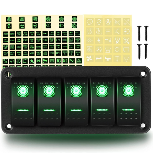 5 Gang Aluminum Rocker Switch Panel Green gooacc