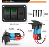 2 Gang Aluminum Rocker Switch Panel Green with 4.8 Amp Dual USB Charger Voltmeter