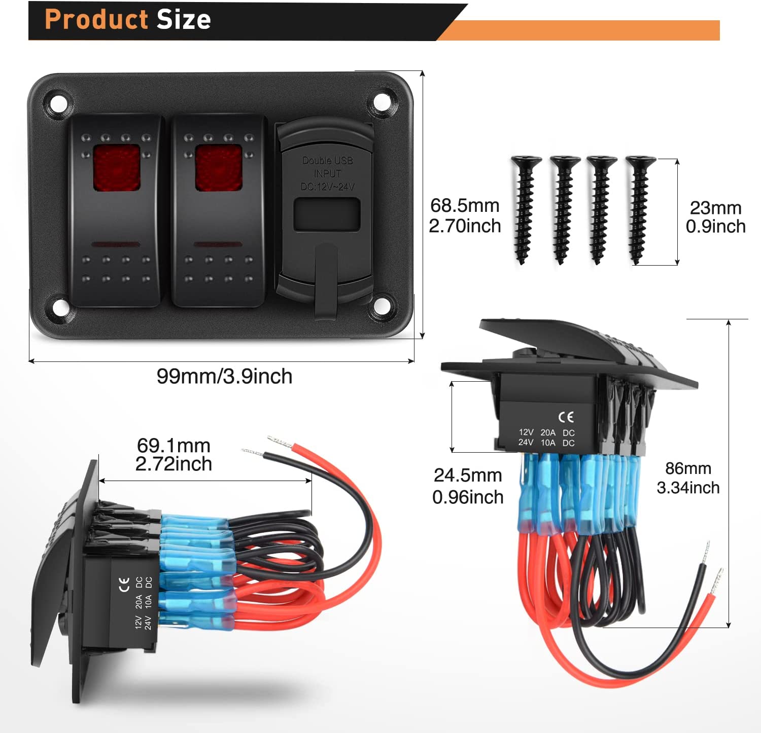 2 Gang Aluminum Rocker Switch Panel Red with 4.8 Amp Dual USB Charger Voltmeter