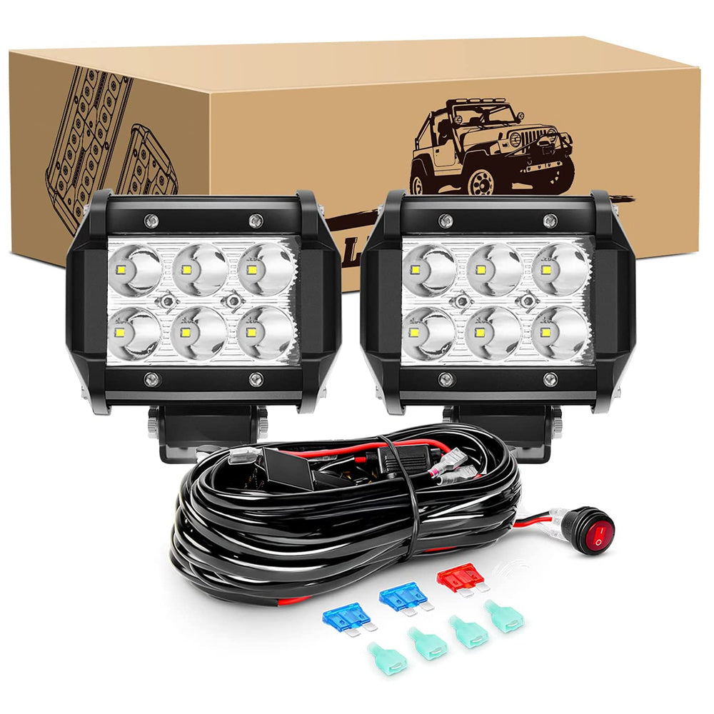 2 Pcs 18W Spot LED Pods with 16AWG 3Pin Wiring Harness-2 Leads