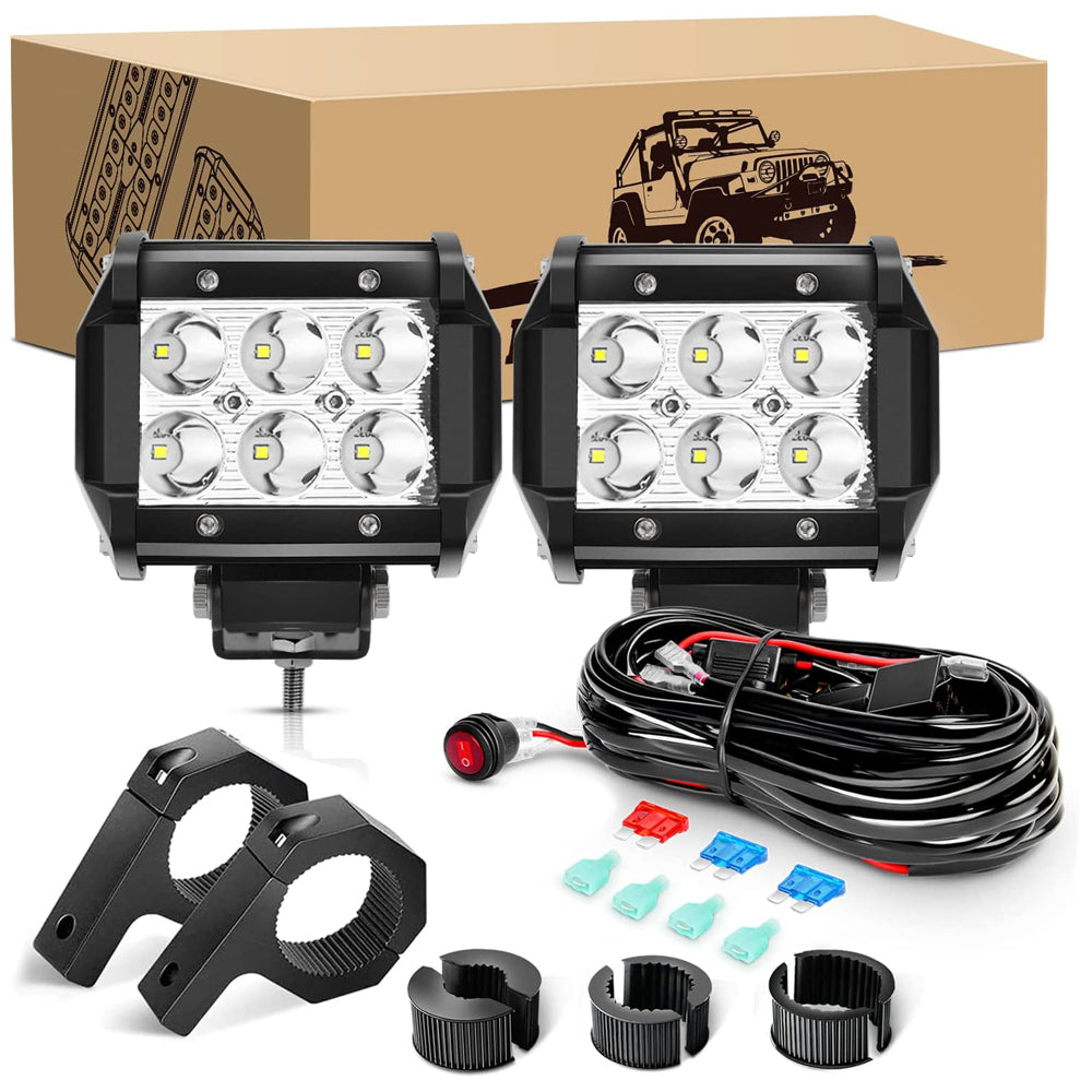 2 Pcs 18W Spot LED Pods with 16AWG 3Pin Rocker Switch Wiring Harness kit Horizontal Bar Tube Clamp