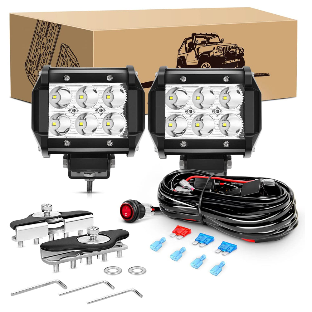 2 Pcs 18W Spot LED Pods with 16AWG 3Pin Rocker Switch Wiring Harness kit Universal Adjustable Pillar Hood