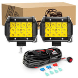 2 Pcs 4 Inch 36W 3600LM Triple Row Flood Amber LED Pods with 16AWG 3Pin Wiring Harness-2 Leads