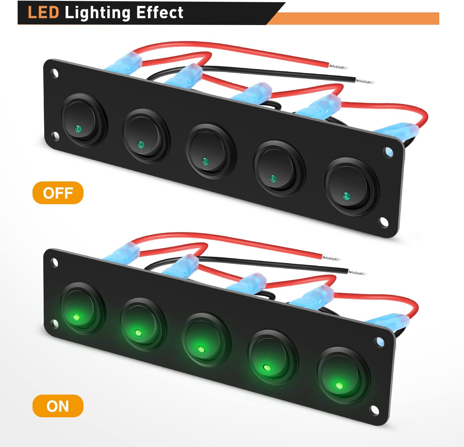 5 Gang 3 Pin Rocker Switch Panel Green