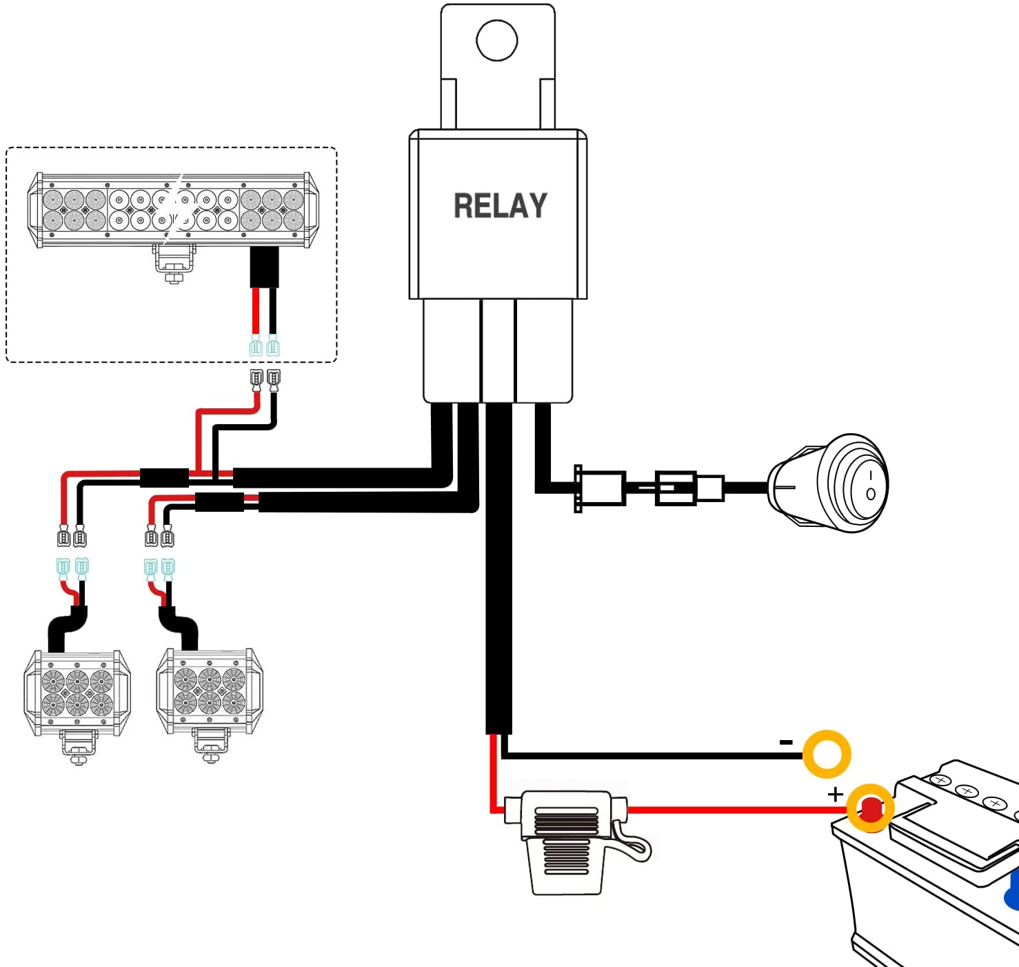 12 Inch 300W Led Light Bar 2PCS 4Inch 60W LED Pods with 16AWG 3Pin Rocker Switch Wiring Harness kit