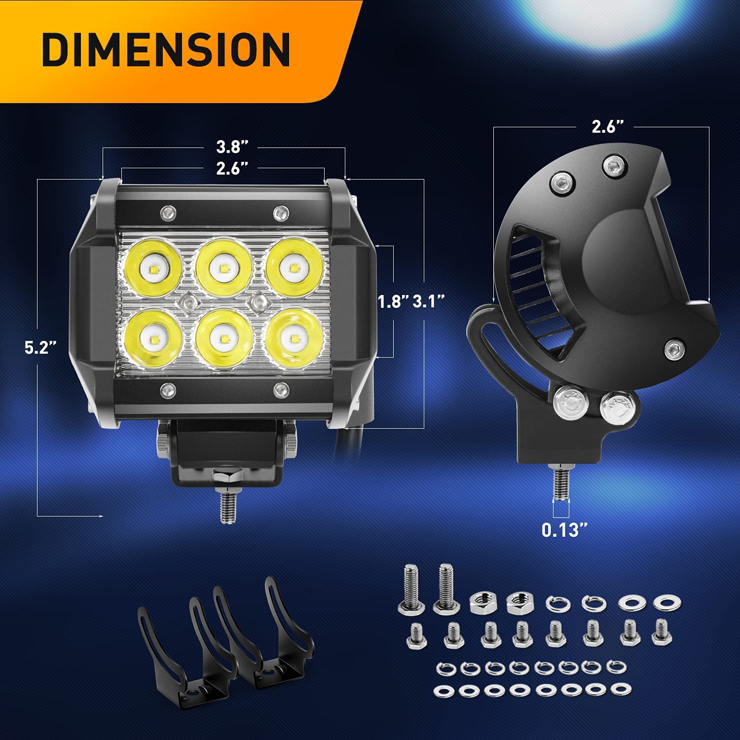 2 Pcs 18W Spot LED Pods with 16AWG 3Pin Wiring Harness-2 Leads