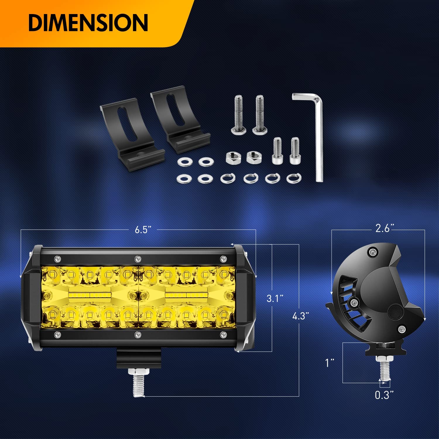 2 Pcs 6.5 Inch 120W Triple Row Flood Amber LED Pods with 16AWG 3Pin Wiring Harness-2 Leads