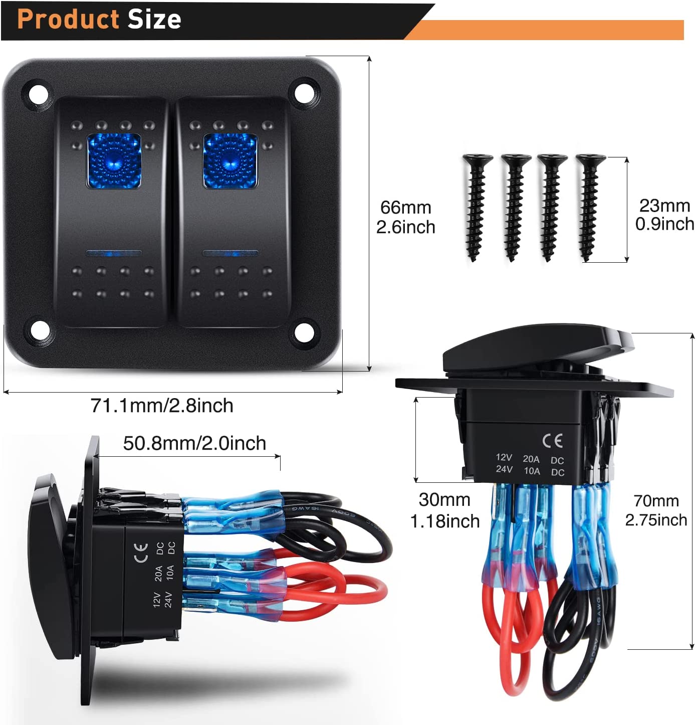 2 Gang Aluminum Rocker Switch Panel Blue