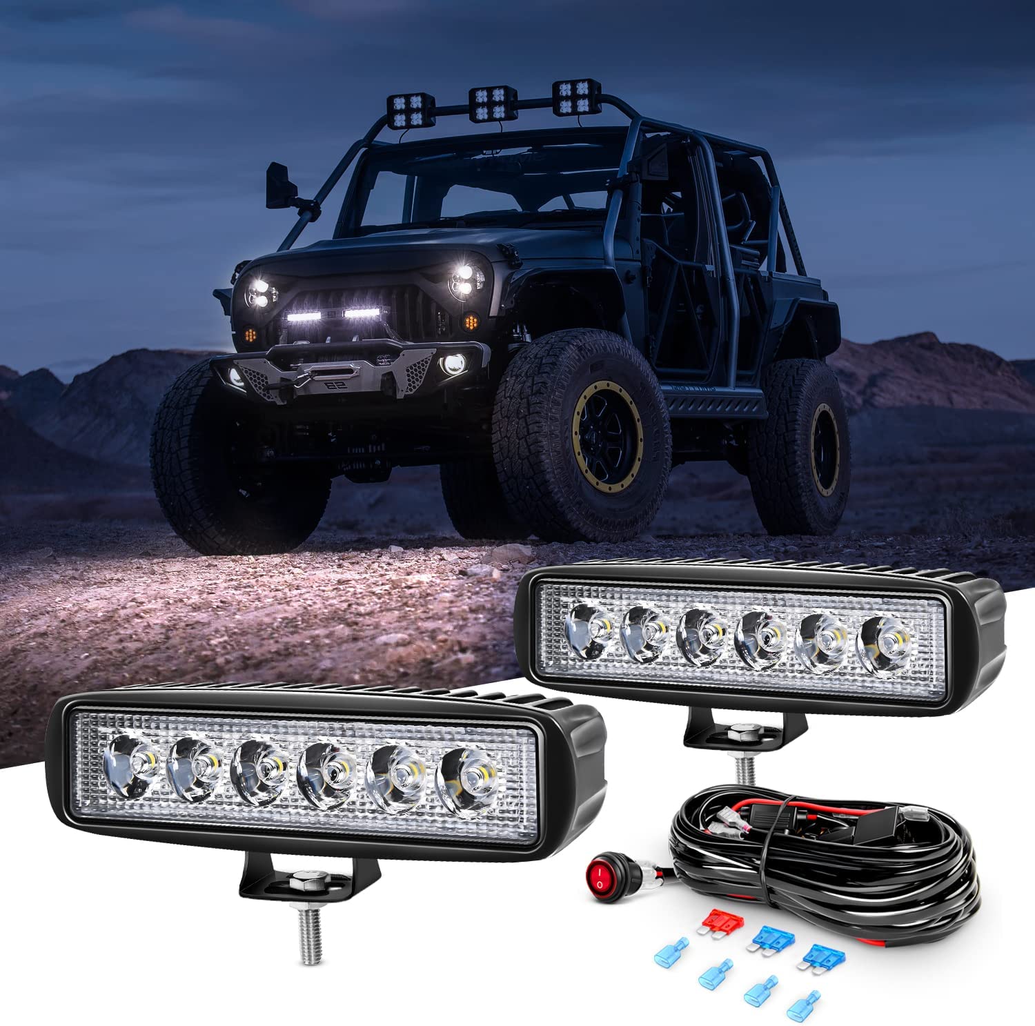 2 Pcs 18W Spot Led Work Light with 16AWG Wiring Harness-2 Leads