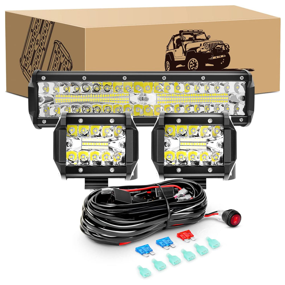 12 Inch 300W Led Light Bar 2PCS 4Inch 60W LED Pods with 16AWG 3Pin Rocker Switch Wiring Harness kit