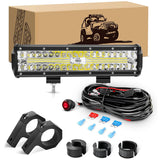 12 Inch 300W Triple Row Led Light Bar Spot Flood Combo with 16AWG 3Pin Rocker Switch Wiring Harness kit Horizontal Bar Tube Clamp