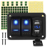 2 Gang Aluminum Rocker Switch Panel Blue with 4.8 Amp Dual USB Charger Voltmeter