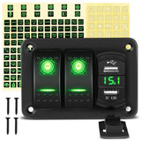 2 Gang Aluminum Rocker Switch Panel Green with 4.8 Amp Dual USB Charger Voltmeter