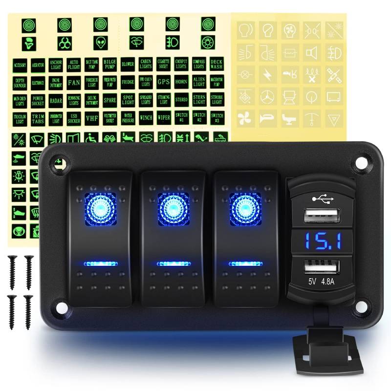 3 Gang Aluminum Rocker Switch Panel Blue with 4.8 Amp Dual USB Charger Voltmeter