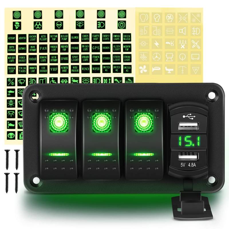 3 Gang Aluminum Rocker Switch Panel Green with 4.8 Amp Dual USB Charge ...