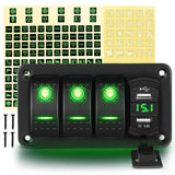 3 Gang Aluminum Rocker Switch Panel Green with 4.8 Amp Dual USB Charger Voltmeter