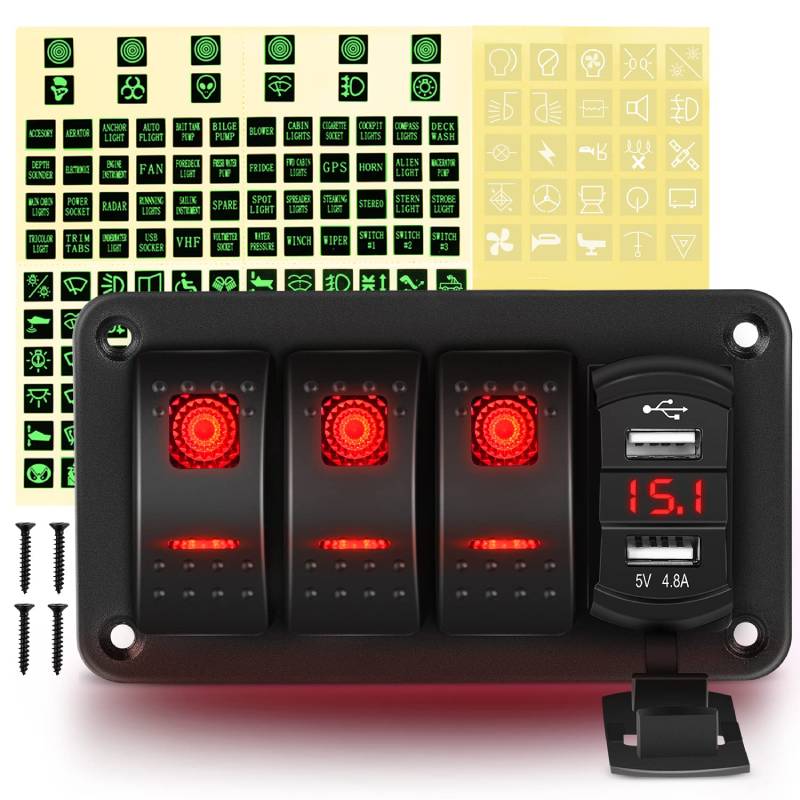 3 Gang Aluminum Rocker Switch Panel Red with 4.8 Amp Dual USB Charger Voltmeter