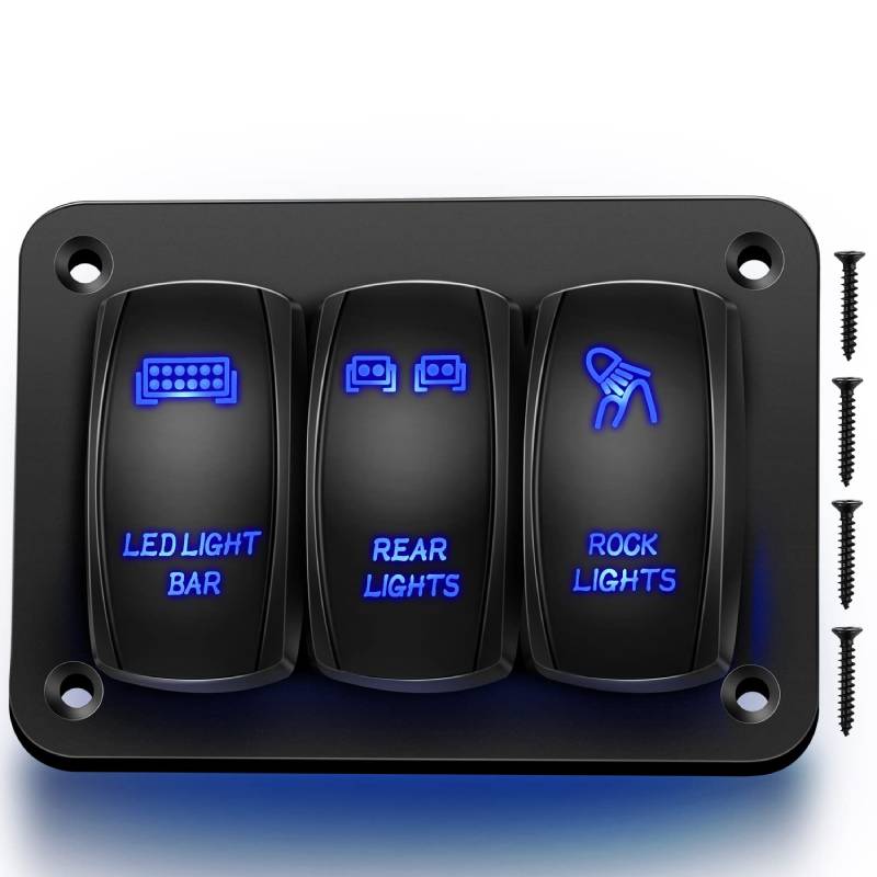 3 Gang LED Light Bar Rear Rock Lights Rocker Switch Panel Blue
