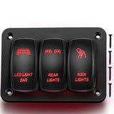 3 Gang LED Light Bar Rear Rock Lights Rocker Switch Panel Red