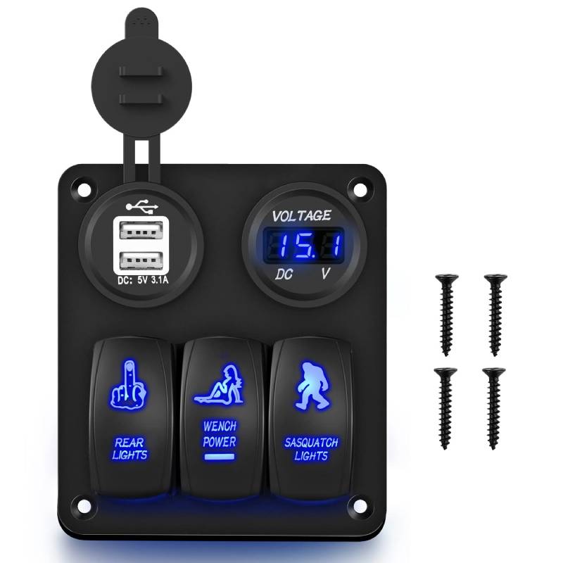 3 Position Rocker Panel Mount Led Switch 3 Gang Rocker Switch Panel USB Charger LED Voltmeter Sasquatch Lights ...