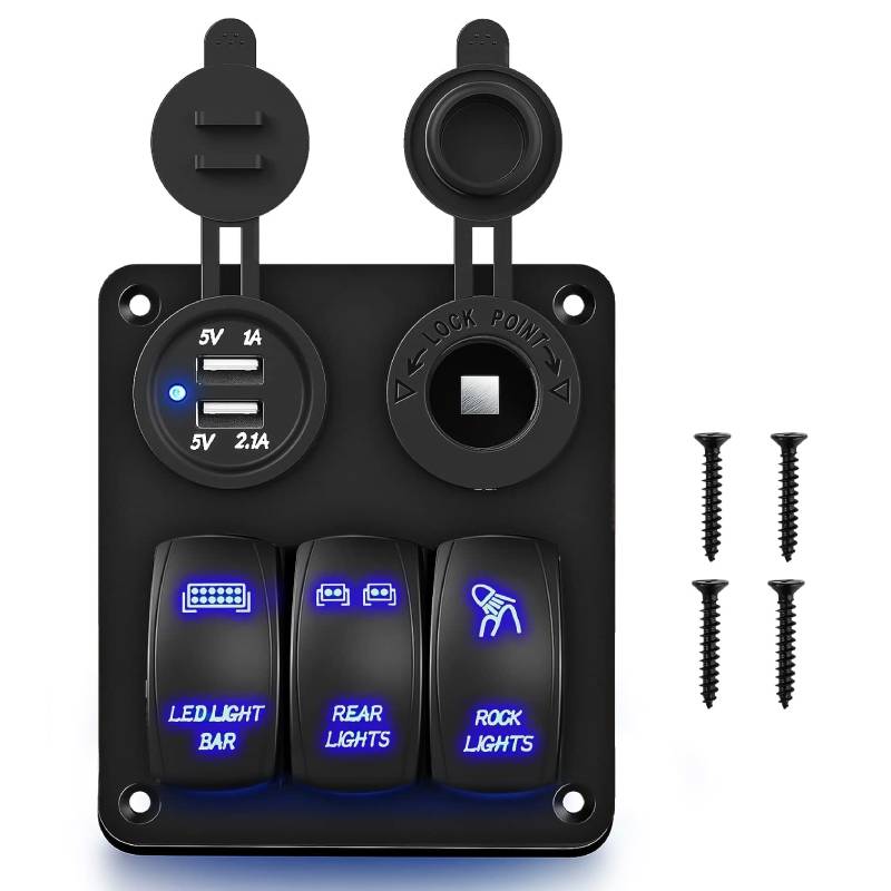 3 Gang Rocker Switch Panel with Daul USB Charger and Cigarette Lighter ...