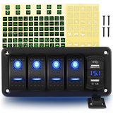 4 Gang Aluminum Rocker Switch Panel Blue with 4.8 Amp Dual USB Charger Voltmeter
