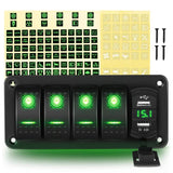 4 Gang Aluminum Rocker Switch Panel Green with 4.8 Amp Dual USB Charger Voltmeter