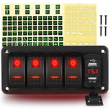 4 Gang Aluminum Rocker Switch Panel Red with 4.8 Amp Dual USB Charger Voltmeter