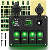4 Gang Rocker Switch Panel Green with USB Charger Voltmeter and Cigar Lighter