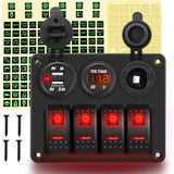 4 Gang Rocker Switch Panel Red with USB Charger Voltmeter and Cigar Lighter