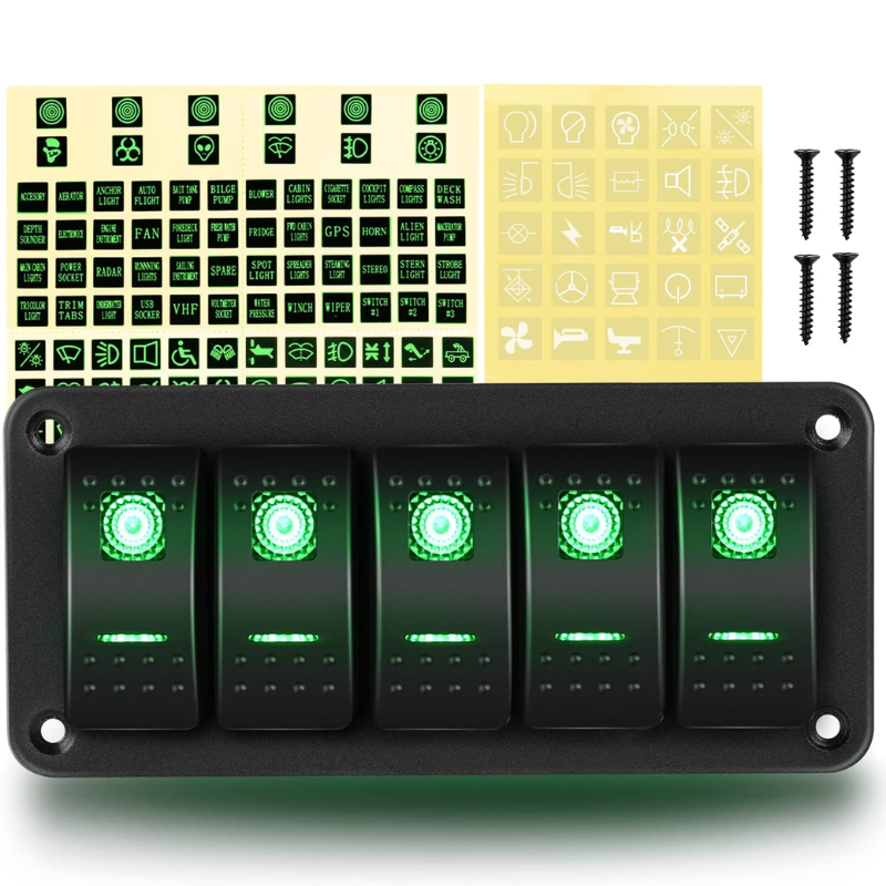 5 Gang Aluminum Rocker Switch Panel Green