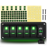 5 Gang Rocker Switch Panel Green Backlit with 4.8 Amp Dual USB Charger Voltmeter