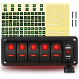 5 Gang Rocker Switch Panel Red Backlit with 4.8 Amp Dual USB Charger Voltmeter