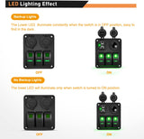 3 Gang Rocker Switch Panel with USB Charger and Cigar Lighter Green