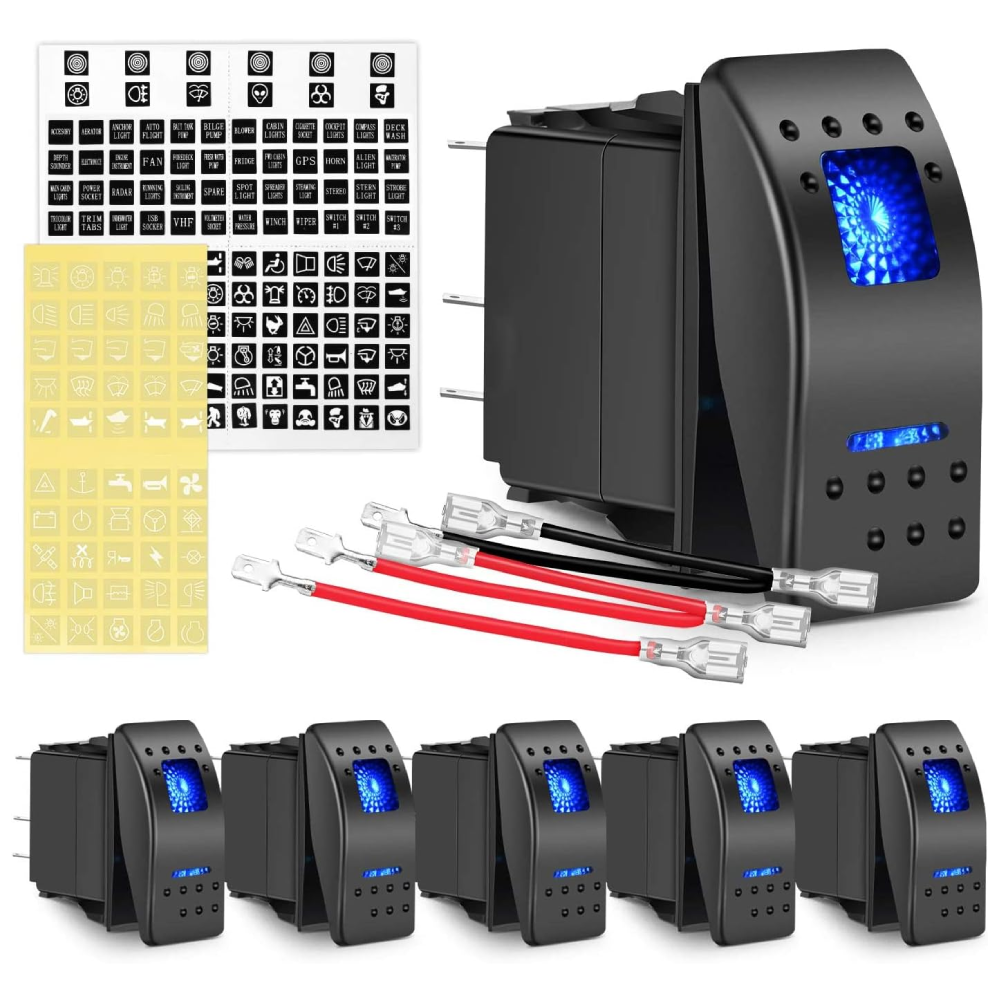 6 Packs Night Glow Stickers 5 PIN SPST Rocker Switches with Blue Backl ...