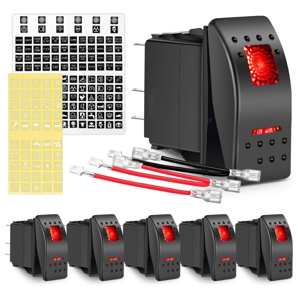 6 Packs Night Glow Stickers 5 PIN SPST Rocker Switches with Red Backlit 12V 24V