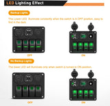 4 Gang Rocker Switch Panel Green with USB Charger Voltmeter and Cigar Lighter