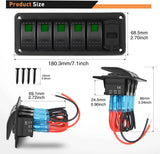 5 Gang Rocker Switch Panel Green Backlit with 4.8 Amp Dual USB Charger Voltmeter