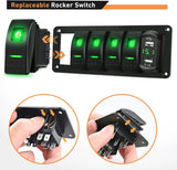 5 Gang Rocker Switch Panel Green Backlit with 4.8 Amp Dual USB Charger Voltmeter