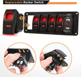 5 Gang Rocker Switch Panel Red Backlit with 4.8 Amp Dual USB Charger Voltmeter