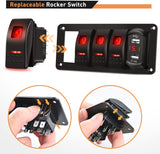 4 Gang Aluminum Rocker Switch Panel Red with 4.8 Amp Dual USB Charger Voltmeter