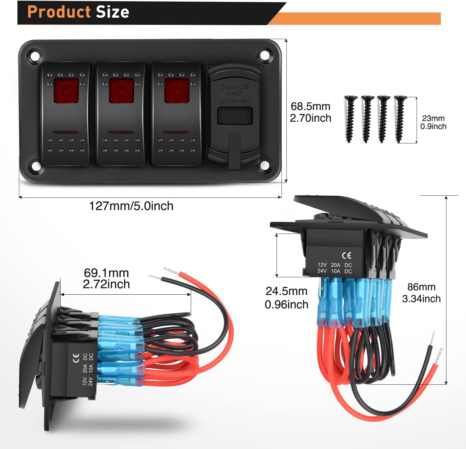 3 Gang Waterproof Rocker Switch Panel With USB Charger & Voltmeter - 12V/24V For Cars, Boats, RVs