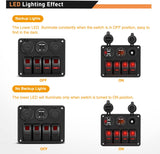 4 Gang Rocker Switch Panel Red with USB Charger Voltmeter and Cigar Lighter