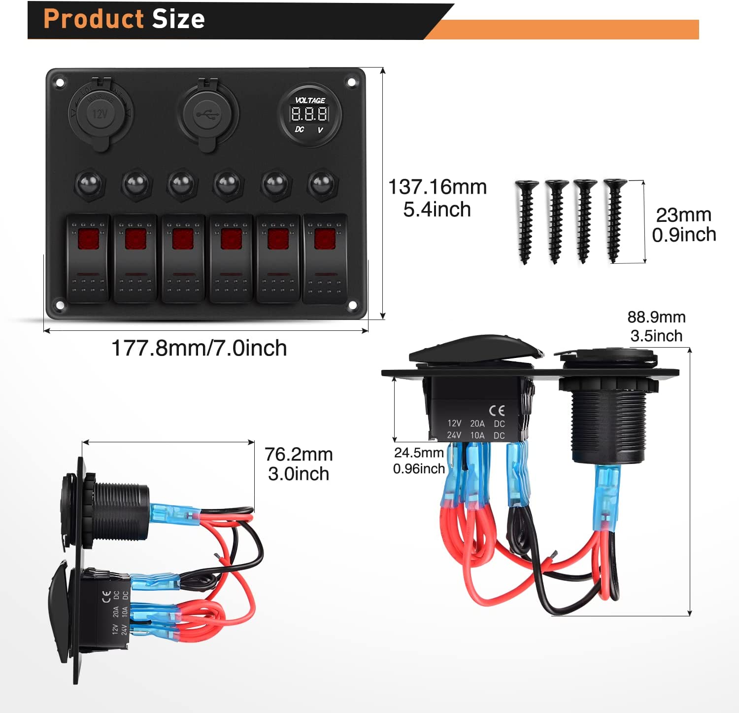 6 Gang Rocker Switch Panel Red Backlit LED Digital Voltmeter 3.1A Dual USB Charger Cigarette