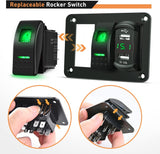 2 Gang Aluminum Rocker Switch Panel Green with 4.8 Amp Dual USB Charger Voltmeter