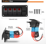 4 Gang Aluminum Rocker Switch Panel Red with 4.8 Amp Dual USB Charger Voltmeter