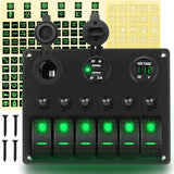 6 Gang Rocker Switch Panel Green Backlit Digital Voltmeter 3.1A Dual USB Charger Cigarette