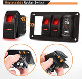 3 Gang Aluminum Rocker Switch Panel Red with 4.8 Amp Dual USB Charger Voltmeter