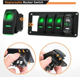 4 Gang Aluminum Rocker Switch Panel Green with 4.8 Amp Dual USB Charger Voltmeter