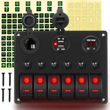 6 Gang Rocker Switch Panel Red Backlit LED Digital Voltmeter 3.1A Dual USB Charger Cigarette